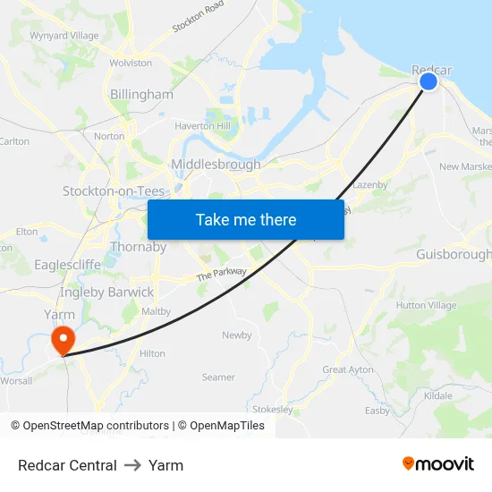 Redcar Central to Yarm map