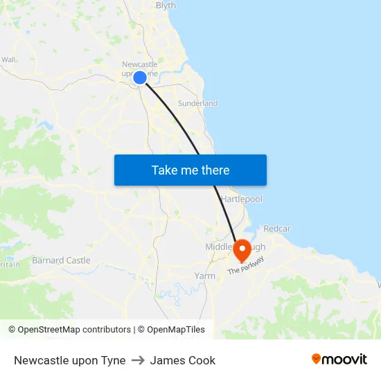 Newcastle upon Tyne to James Cook map