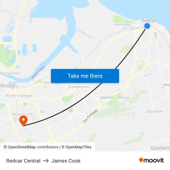 Redcar Central to James Cook map