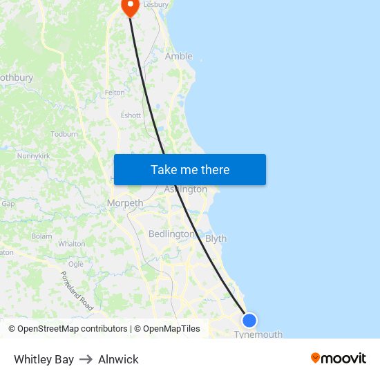 Whitley Bay to Alnwick map