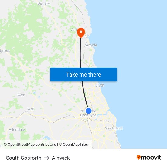 South Gosforth to Alnwick map