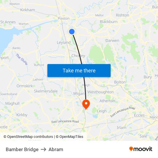 Bamber Bridge to Abram map