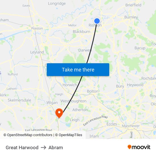 Great Harwood to Abram map