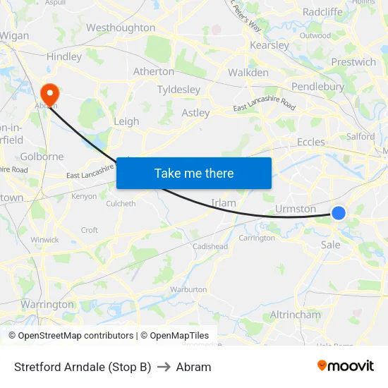 Stretford Mall to Abram map