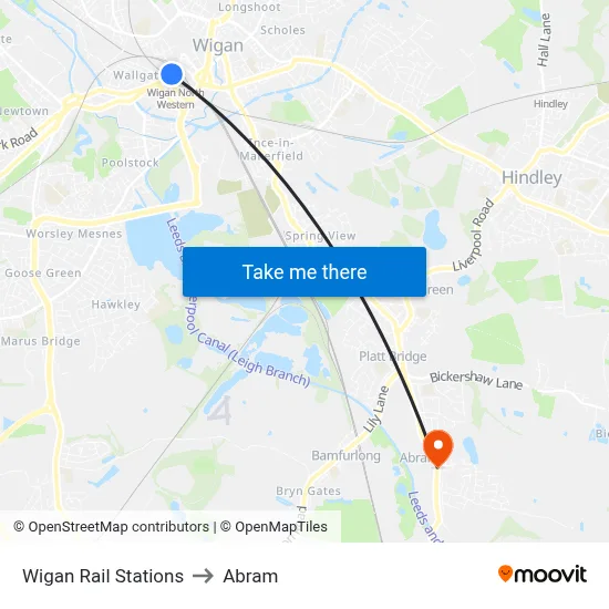 Wigan Rail Stations to Abram map