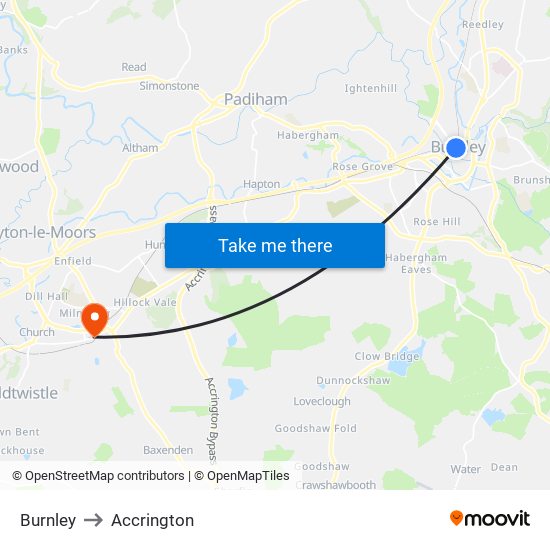 Burnley to Accrington map