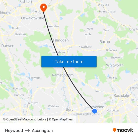 Heywood to Accrington map