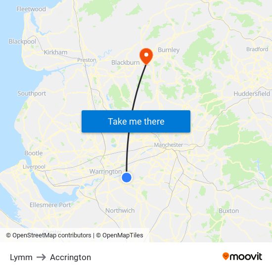 Lymm to Accrington map
