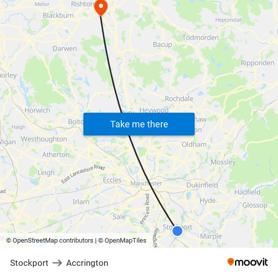 Stockport to Accrington map