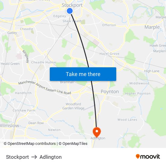 Stockport to Adlington map