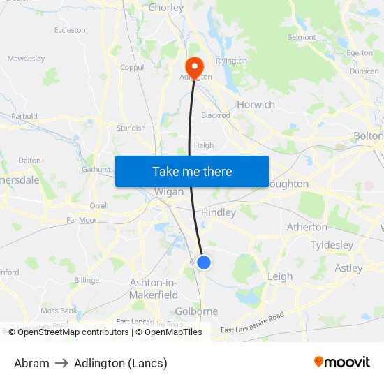 Abram to Adlington (Lancs) map