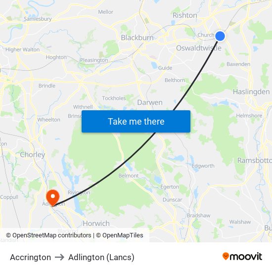 Accrington to Adlington (Lancs) map