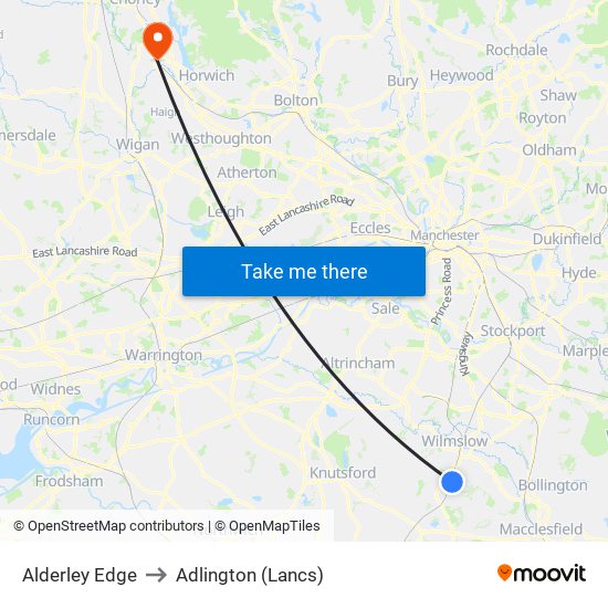Alderley Edge to Adlington (Lancs) map