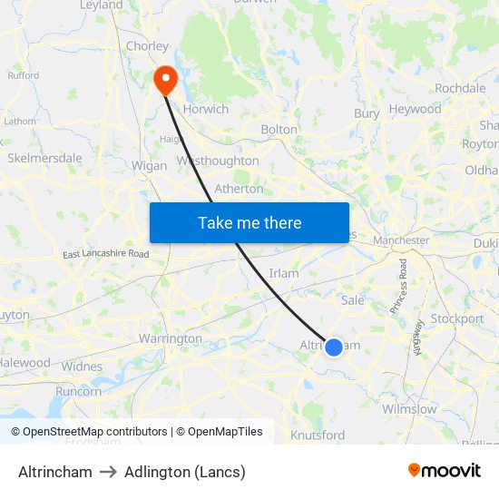 Altrincham to Adlington (Lancs) map