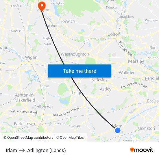 Irlam to Adlington (Lancs) map