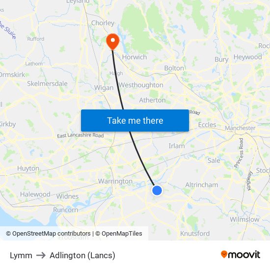 Lymm to Adlington (Lancs) map