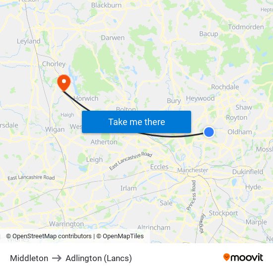 Middleton to Adlington (Lancs) map