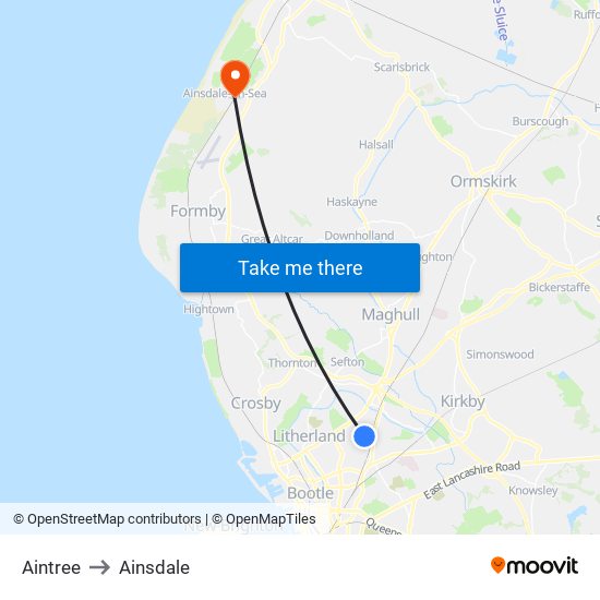 Aintree to Ainsdale map