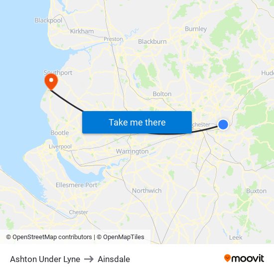 Ashton Under Lyne to Ainsdale map