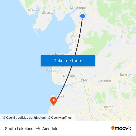 South Lakeland to Ainsdale map