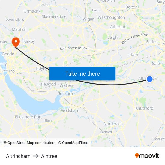 Altrincham to Aintree map