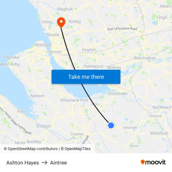 Ashton Hayes to Aintree map