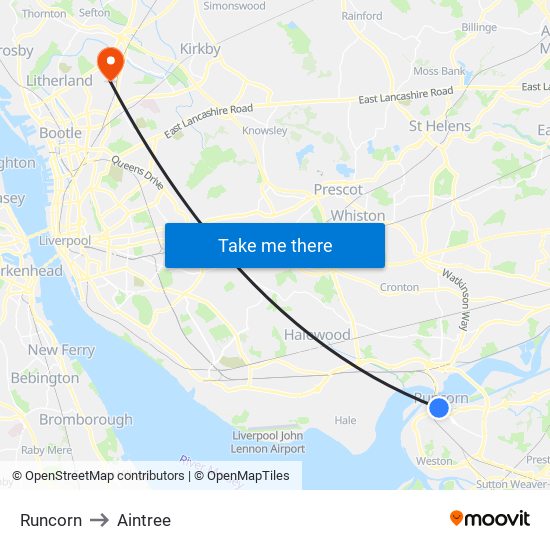 Runcorn to Aintree map