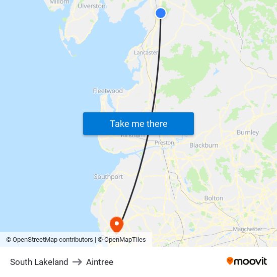 South Lakeland to Aintree map