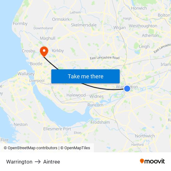 Warrington to Aintree map