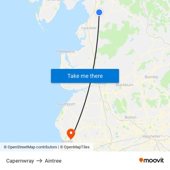 Capernwray to Aintree map