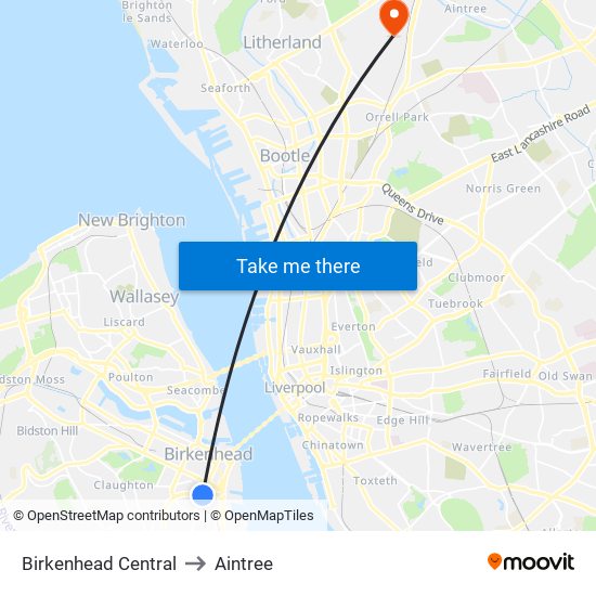 Birkenhead Central to Aintree map