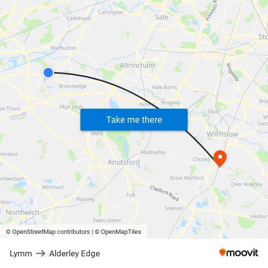 Lymm to Alderley Edge map
