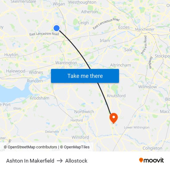 Ashton In Makerfield to Allostock map