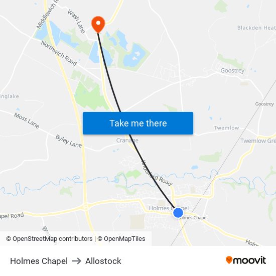 Holmes Chapel to Allostock map