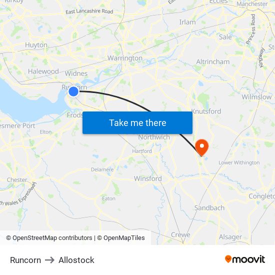 Runcorn to Allostock map