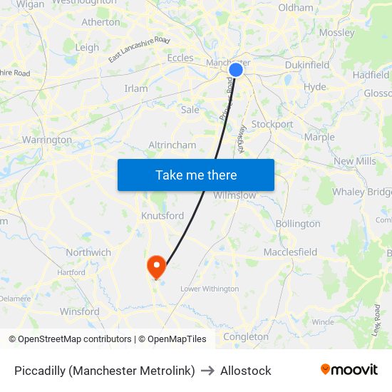 Piccadilly (Manchester Metrolink) to Allostock map