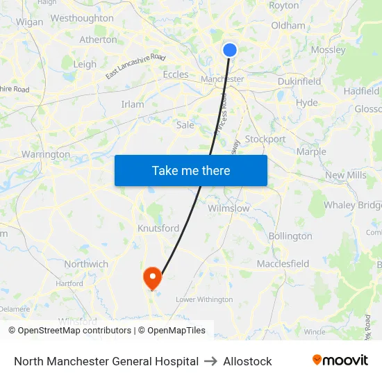 North Manchester General Hospital to Allostock map