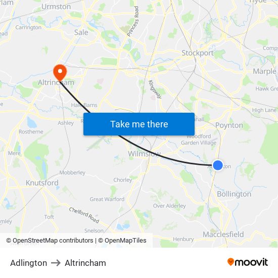 Adlington to Altrincham map
