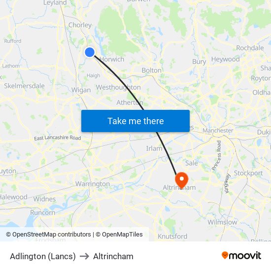 Adlington (Lancs) to Altrincham map