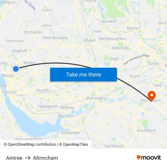 Aintree to Altrincham map