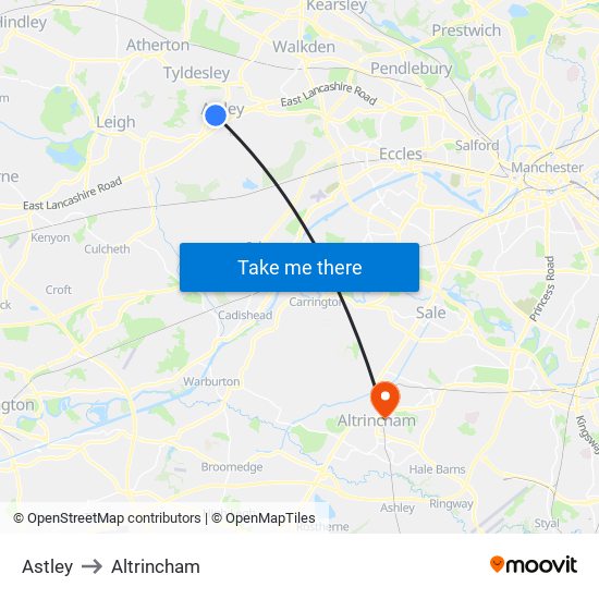 Astley to Altrincham map