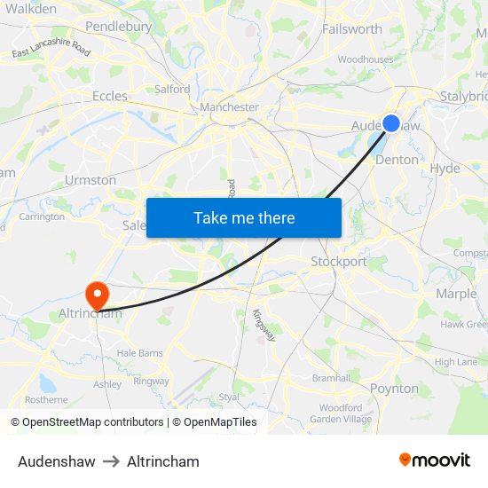 Audenshaw to Altrincham map