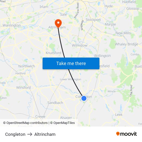 Congleton to Altrincham map