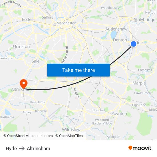 Hyde to Altrincham map