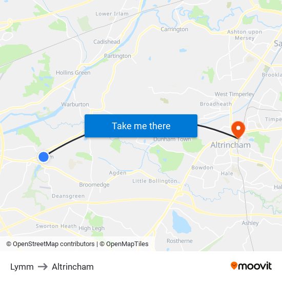 Lymm to Altrincham map