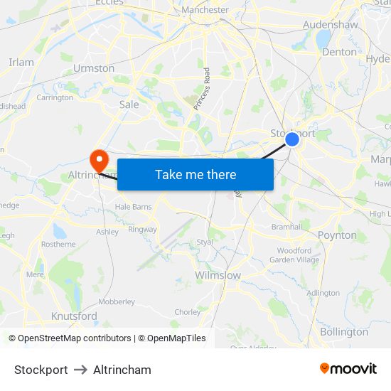 Stockport to Altrincham map