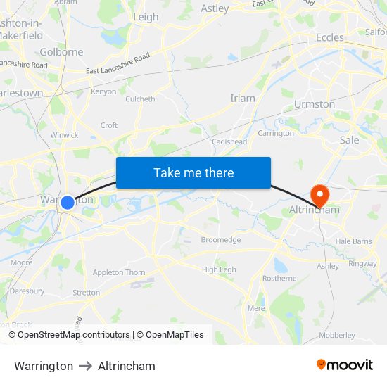 Warrington to Altrincham map