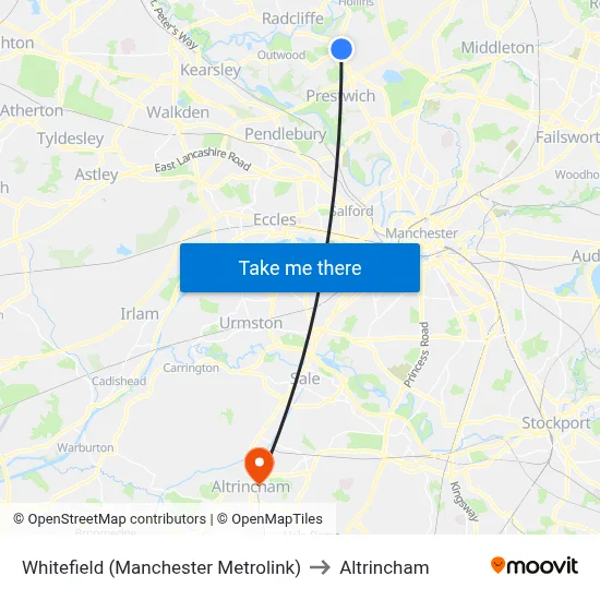 Whitefield (Manchester Metrolink) to Altrincham map