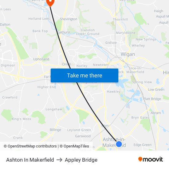 Ashton In Makerfield to Appley Bridge map