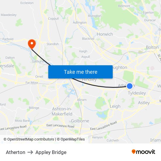 Atherton to Appley Bridge map